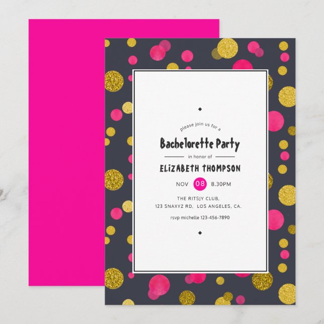 Invitación Fiesta de Bachelorette de Confetti de oro y rosa c (Anverso / Reverso)
