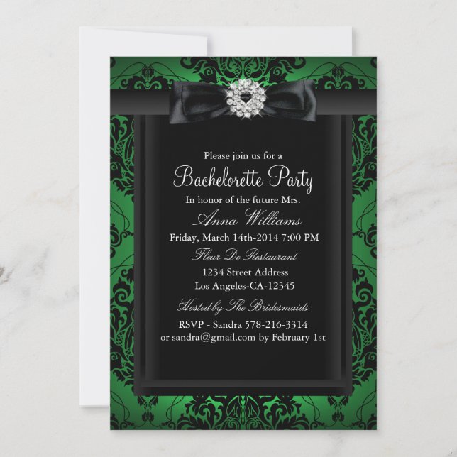 Invitación Fiesta de Bachelorette de Damask de Moda verde y n (Anverso)