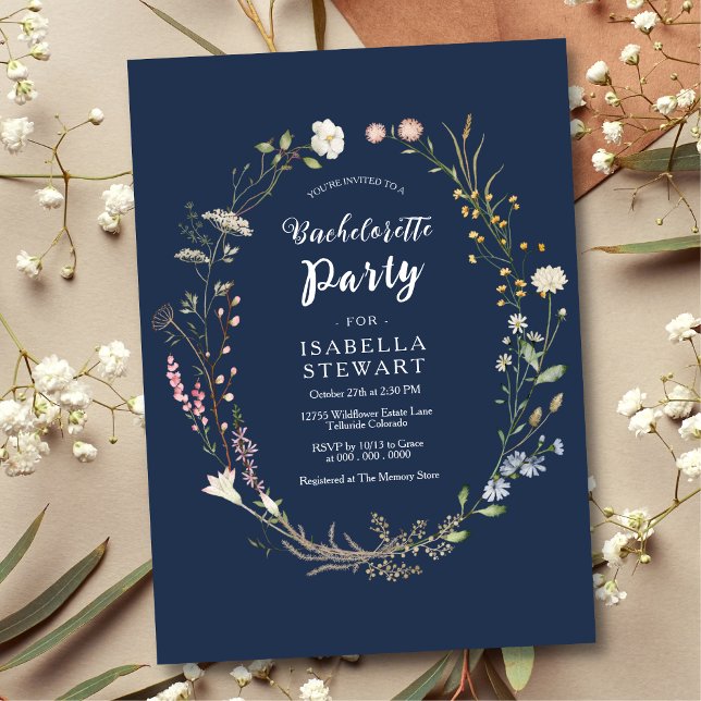 Invitación Fiesta de Bachelorette de Flor Silvestre Navy Wate (Subido por el creador)