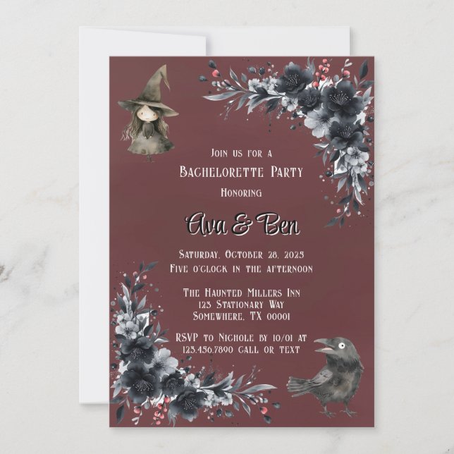 Invitación Fiesta de Bachelorette de Flora Negra Gótica y San (Anverso)