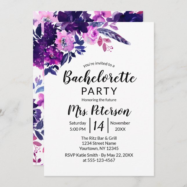 Invitación Fiesta de Bachelorette de Flores Púrpuras y Flores (Anverso / Reverso)