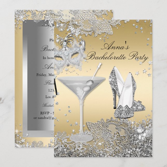 Invitación Fiesta de Bachelorette de Jewel de oro plateado (Anverso / Reverso)