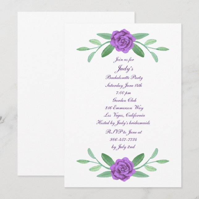 Invitación Fiesta de Bachelorette de la Foliage Floral Púrpur (Anverso / Reverso)