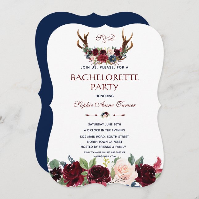 Invitación Fiesta de Bachelorette de la Marina de Boho Merlot (Anverso / Reverso)