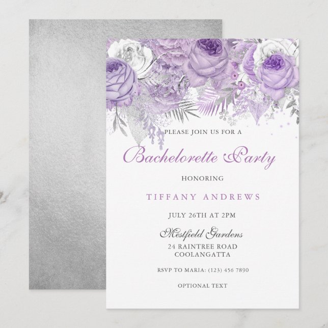 Invitación Fiesta de Bachelorette de la Plata Rosa Morada (Anverso / Reverso)