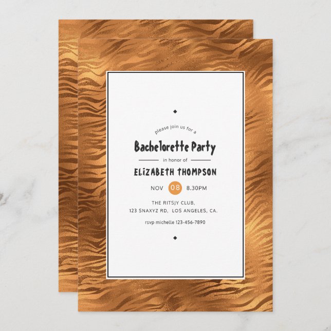 Invitación Fiesta de Bachelorette de las tigres de oro brilla (Anverso / Reverso)