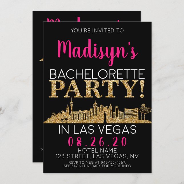 Invitación Fiesta de Bachelorette de las Vegas de oro Itinera (Anverso / Reverso)