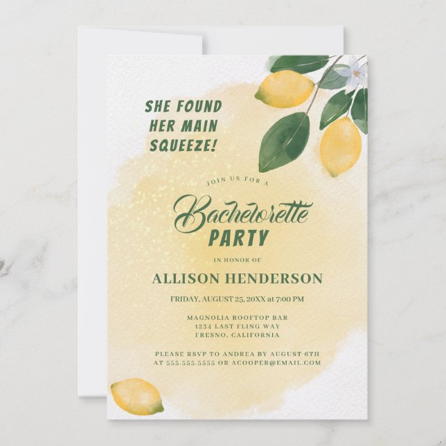Invitación Fiesta de Bachelorette de Lemons (Anverso)