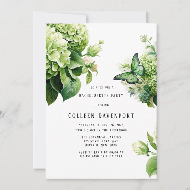Invitación Fiesta de Bachelorette de Mariposa de Hydrangea Ve (Anverso)