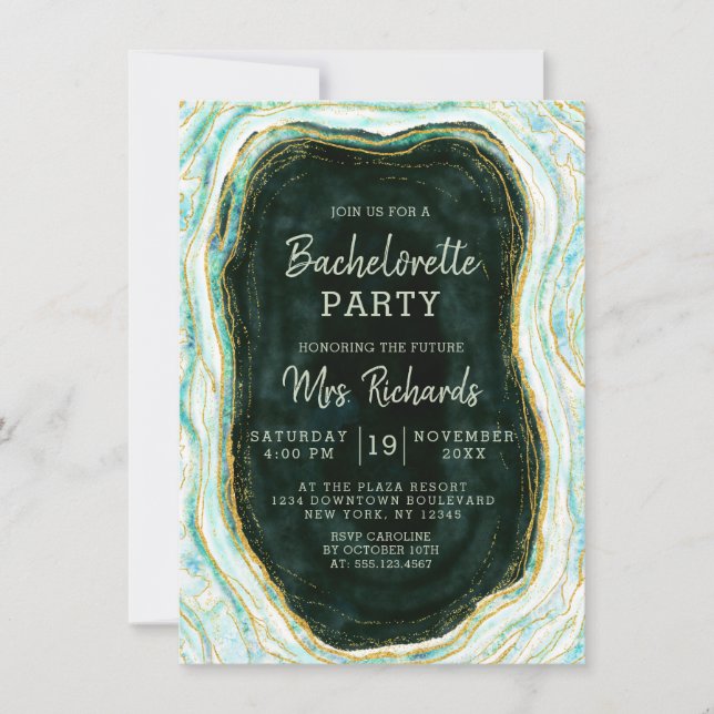 Invitación Fiesta de Bachelorette de Mármol verde y oro verde (Anverso)