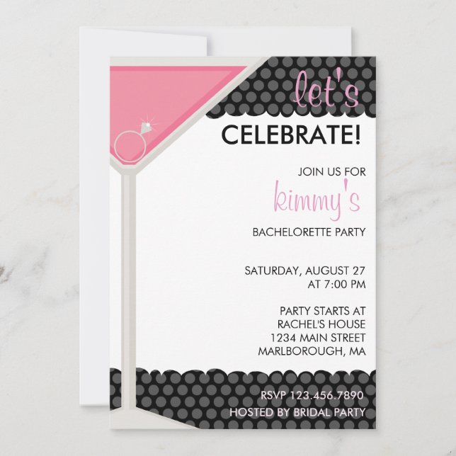 Invitación Fiesta de Bachelorette de Martini y del anillo (Anverso)
