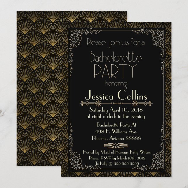 Invitación Fiesta de Bachelorette de Oro Art Deco (Anverso / Reverso)