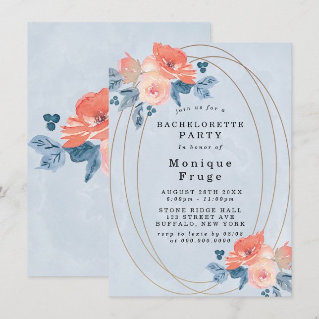 Invitación Fiesta de Bachelorette de Oro Azul (Anverso / Reverso)