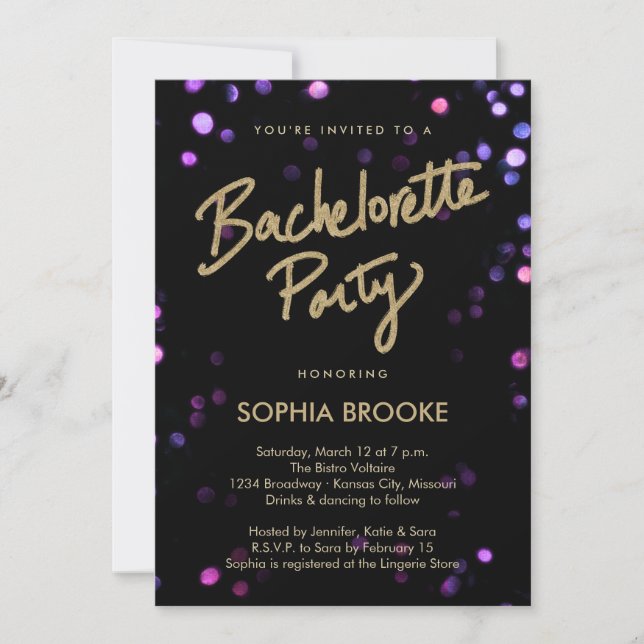 Invitación Fiesta de Bachelorette de Oro con luces de verano (Anverso)