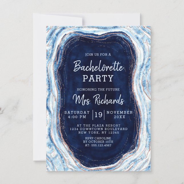 Invitación Fiesta de Bachelorette de oro del Rosa azul de zaf (Anverso)