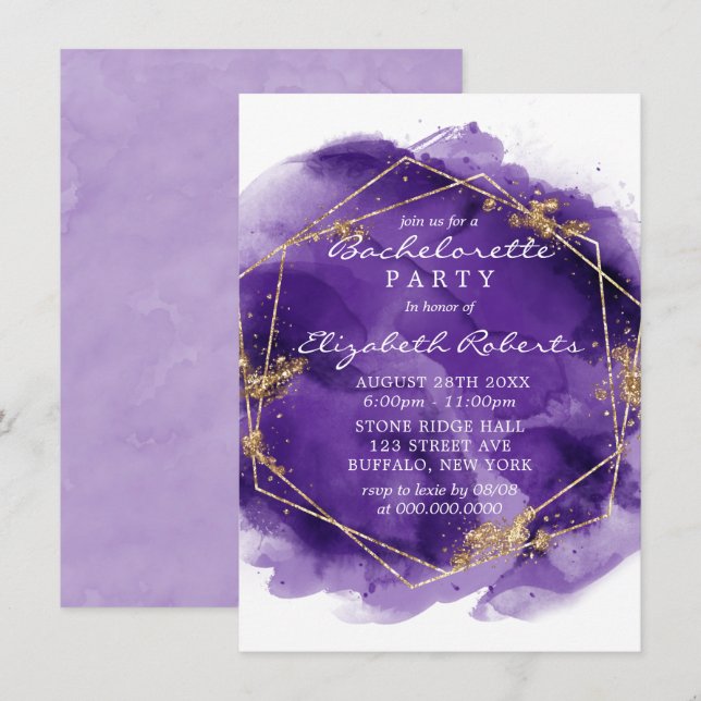 Invitación Fiesta De Bachelorette De Paint De Oro De Lavanda  (Anverso / Reverso)