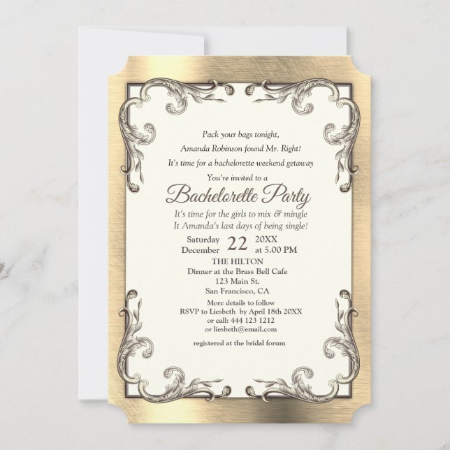 Invitación Fiesta de Bachelorette de Relieve metalizado-Oro-P (Anverso)