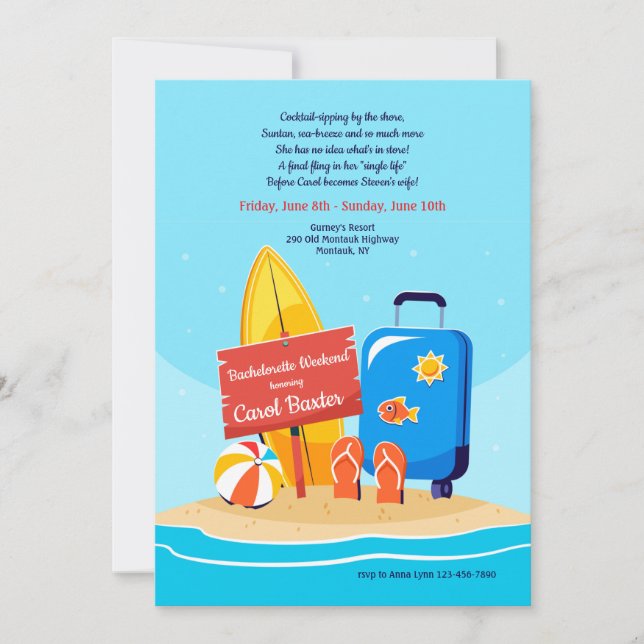 Invitación Fiesta de Bachelorette de Sandy Beach (Anverso)