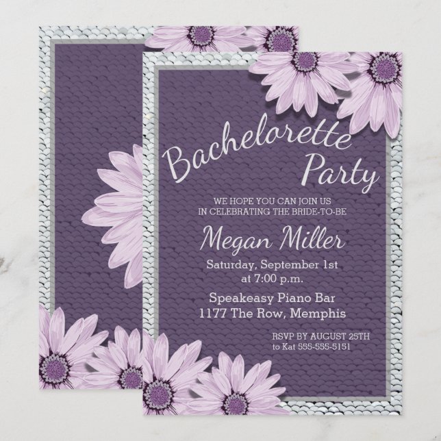 Invitación Fiesta de Bachelorette de Sequins y Daisies (Anverso / Reverso)