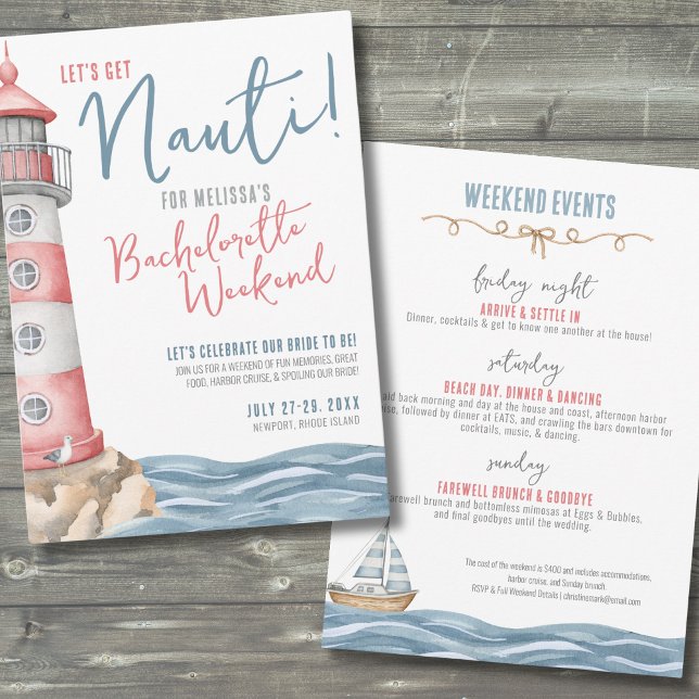 Invitación Fiesta de Bachelorette de Verano Náutico (Let's Get Nauti Beach Nautical Bachelorette Party Invitation)