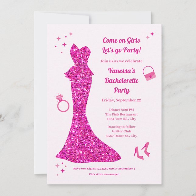 Invitación Fiesta de Bachelorette de Vestido Glamoroso Rosa (Anverso)
