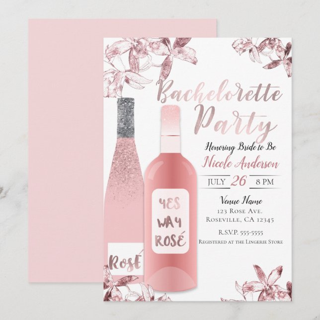 Invitación Fiesta de Bachelorette de Vino y Orquídeas Rosè (Anverso / Reverso)