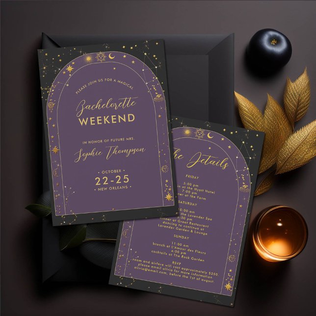 Invitación Fiesta de Bachelorette del Arco del Boho Celestial (new orleans nola celestial mystical horoscope tarot bachelorette party itinerary boho arch gold star)
