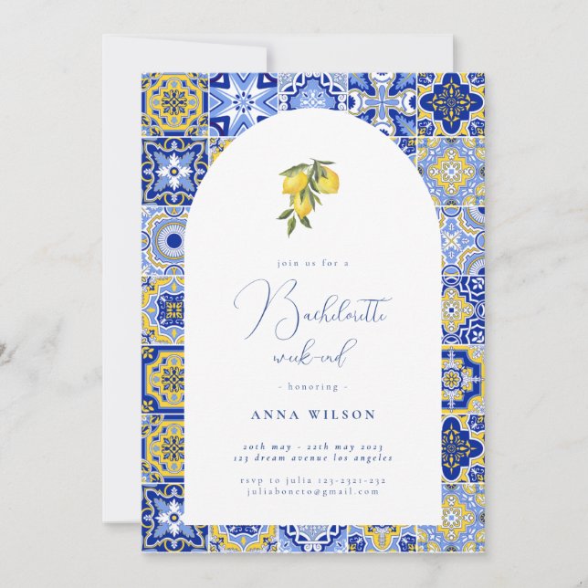 Invitación Fiesta de Bachelorette del Mediterráneo Azul (Anverso)
