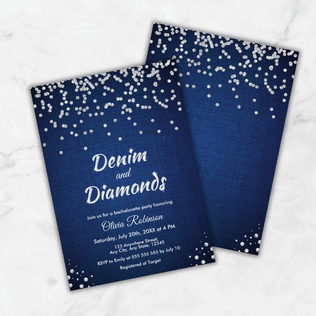 Invitación Fiesta de Bachelorette Elegante de Denim Azul y Di (Blue Denim and Diamonds Elegant Bachelorette Party Invitation )