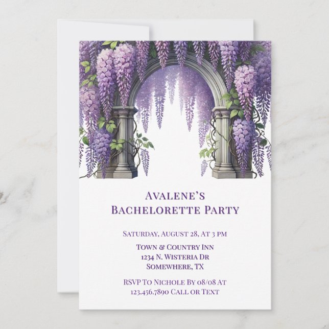 Invitación Fiesta de Bachelorette en Arco de Wisteria Púrpura (Anverso)