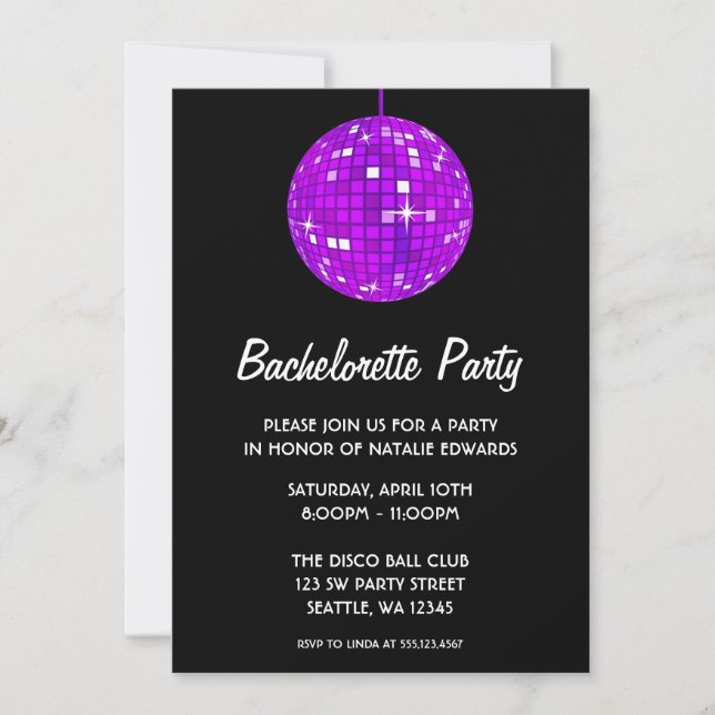 Invitación Fiesta de Bachelorette en la bola morada y negra (Anverso)