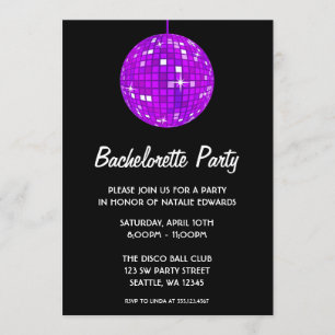 Invitación Fiesta de Bachelorette en la bola morada y negra
