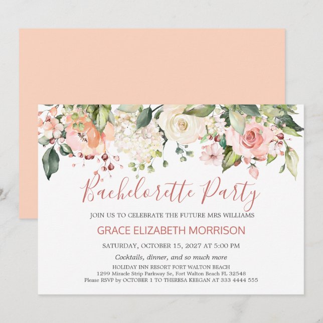 Invitación Fiesta de Bachelorette floral de acuarela (Anverso / Reverso)