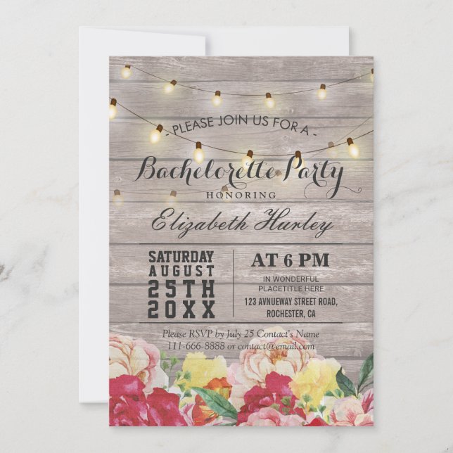 Invitación Fiesta de Bachelorette Floral de Madera Rústica de (Anverso)