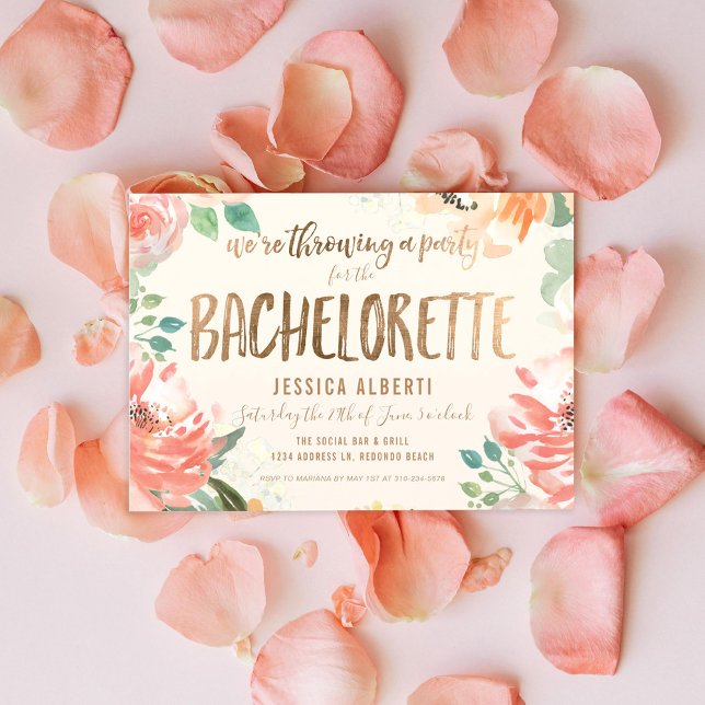 Invitación Fiesta de Bachelorette Floral Gold Shimmer (Subido por el creador)