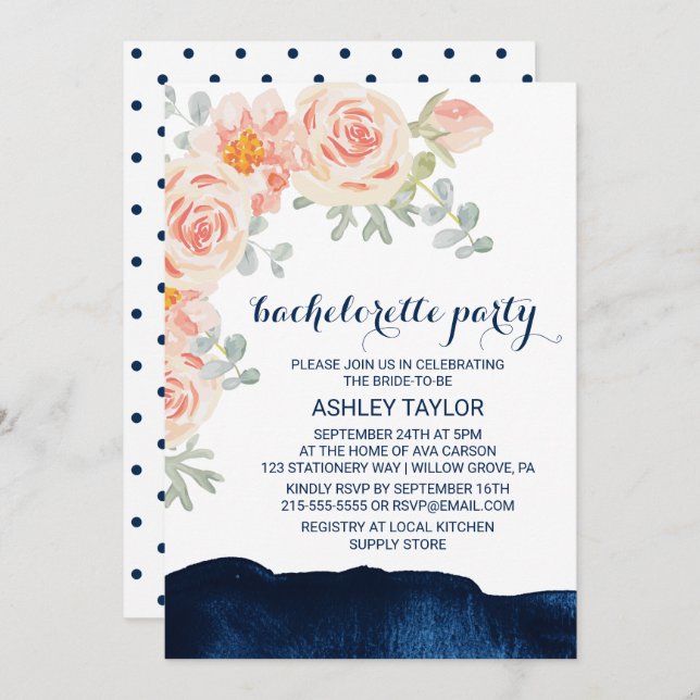 Invitación Fiesta de Bachelorette Floral Peach & Naval Waterc (Anverso / Reverso)