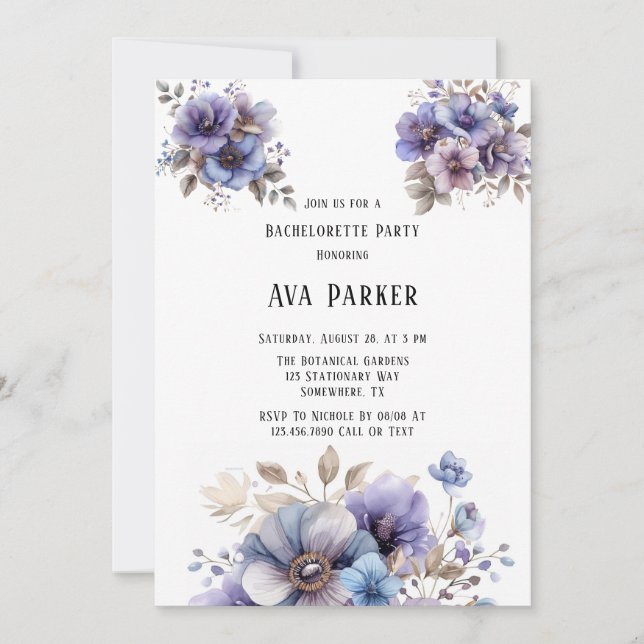 Invitación Fiesta de Bachelorette Floral Pintada Azul Púrpura (Anverso)