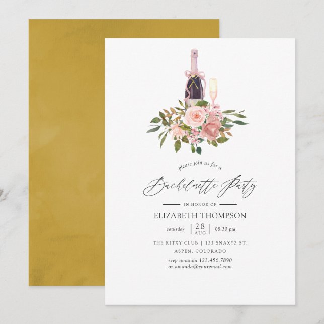 Invitación Fiesta de Bachelorette Floral Rubor y Gold (Anverso / Reverso)