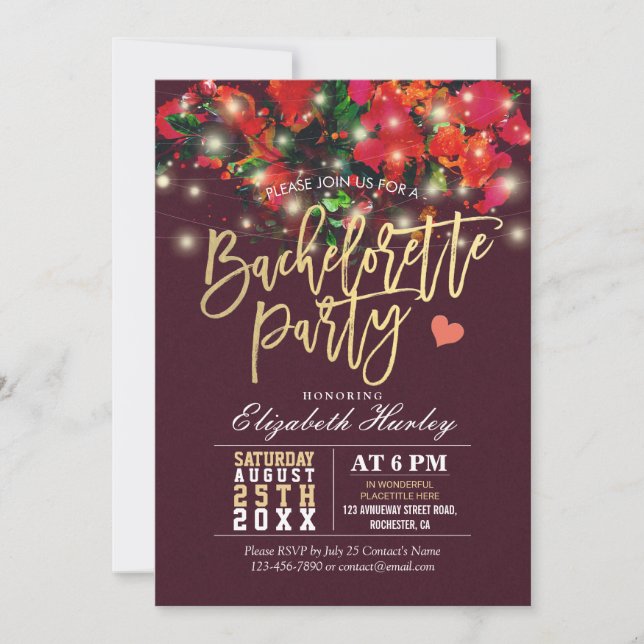 Invitación Fiesta de Bachelorette Floral String Light Gold Sc (Anverso)