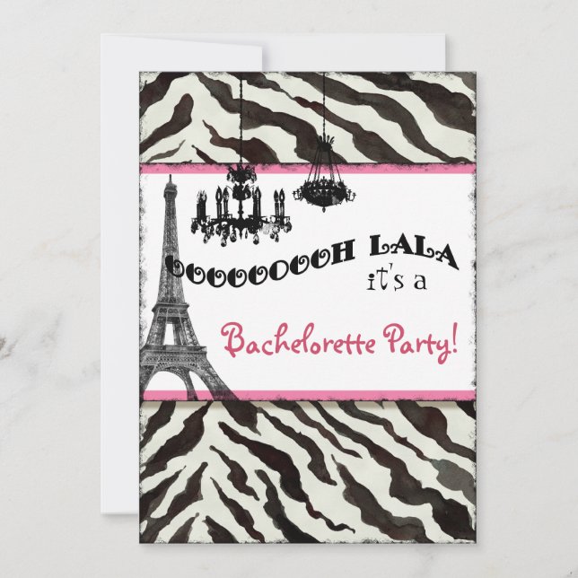 Invitación Fiesta de Bachelorette invita a cebra, Torre Eiffe (Anverso)