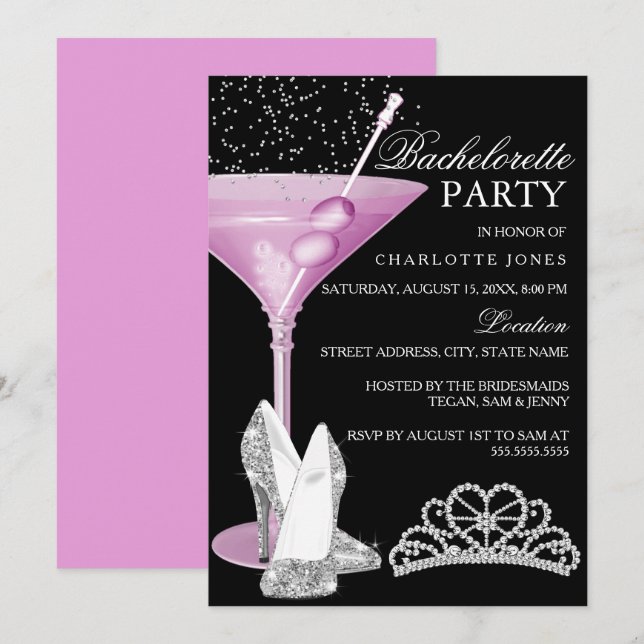 Invitación Fiesta de Bachelorette para Cocktail Rosa (Anverso / Reverso)