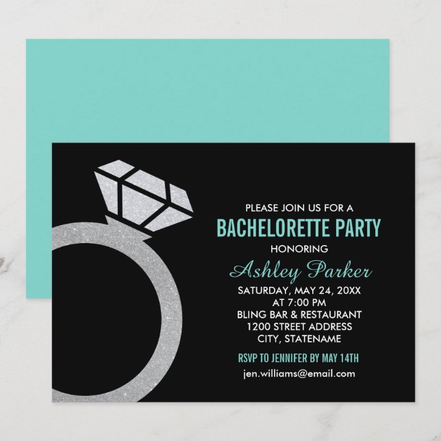 Invitación Fiesta de Bachelorette para la Boda azul del anill (Anverso / Reverso)
