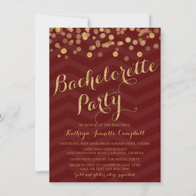 Invitación Fiesta de Bachelorette, Purpurina de oro de Borgoñ (Anverso)