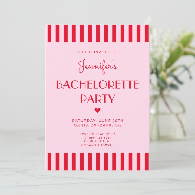 Invitación Fiesta de Bachelorette Retro Red & Pink Stripes (Anverso de pie)