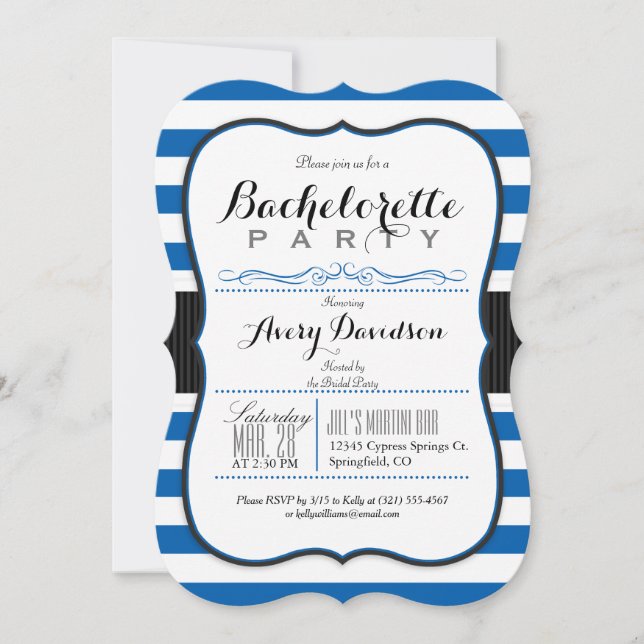 Invitación Fiesta de Bachelorette Royal Blue y White Stripes (Anverso)