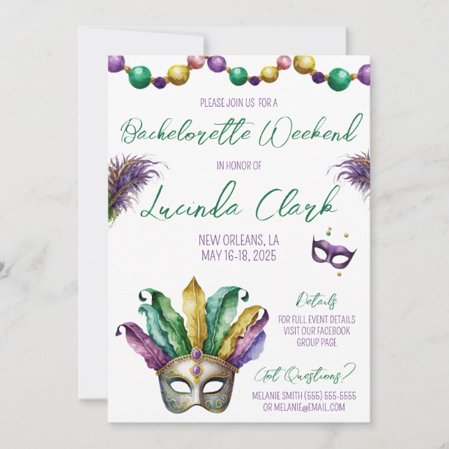 Invitación Fiesta de Bachelorette Temática Mardi Gras (Anverso)