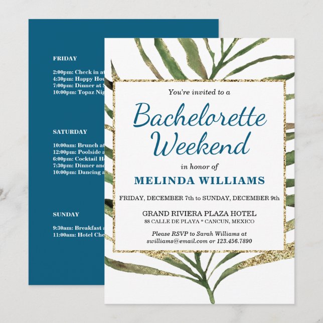 Invitación Fiesta de Bachelorette Tropical Weekend Itinerario (Anverso / Reverso)