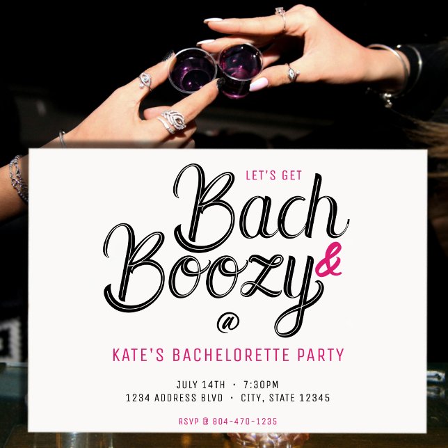 Invitación Fiesta de bachillerato blanco y rosado (Bach & Boozy Black & Pink Bachelorette Party Invitation
)