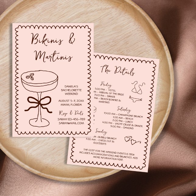Invitación Fiesta de bachillerato de bikinis y martinis (Hand Drawn Bikinis & Martinis Bachelorette Party Invitation)
