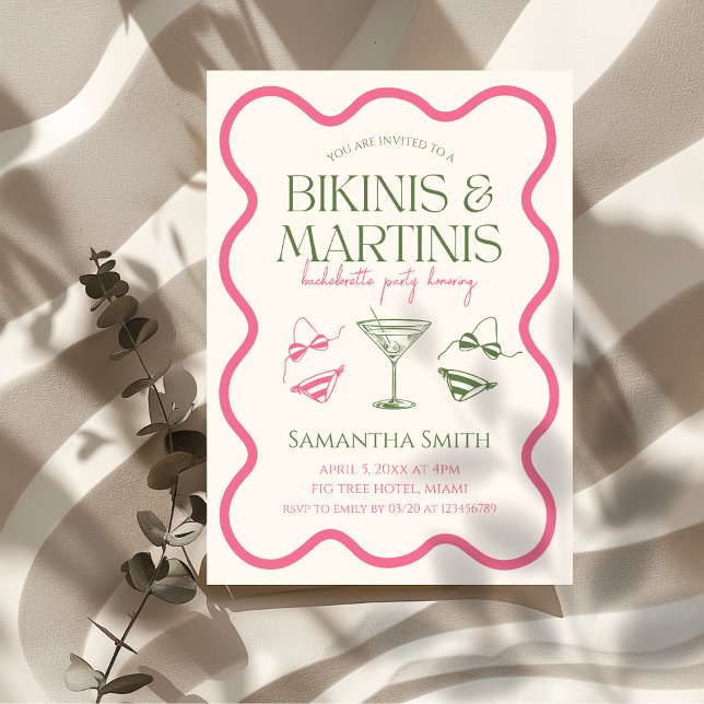 Invitación Fiesta de bachillerato de bikinis y martinis (bikinis & martinis bachelorette party invitation pink and green wavy frame)